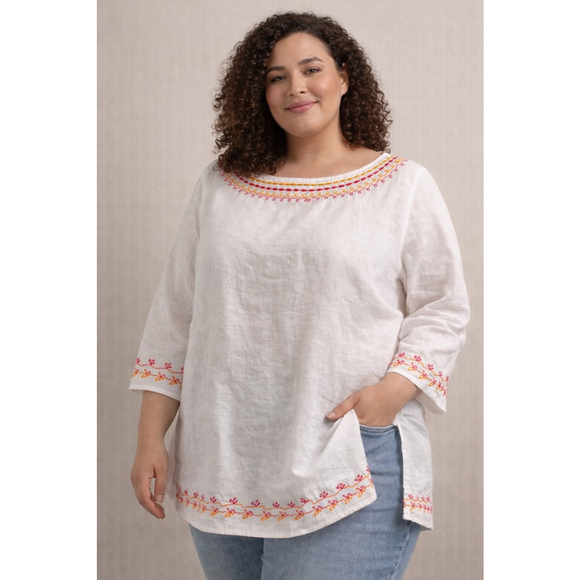 Carole Little 1X White Linen Embroidered Tunic Top Boho Side Slits - Picture 2 of 12